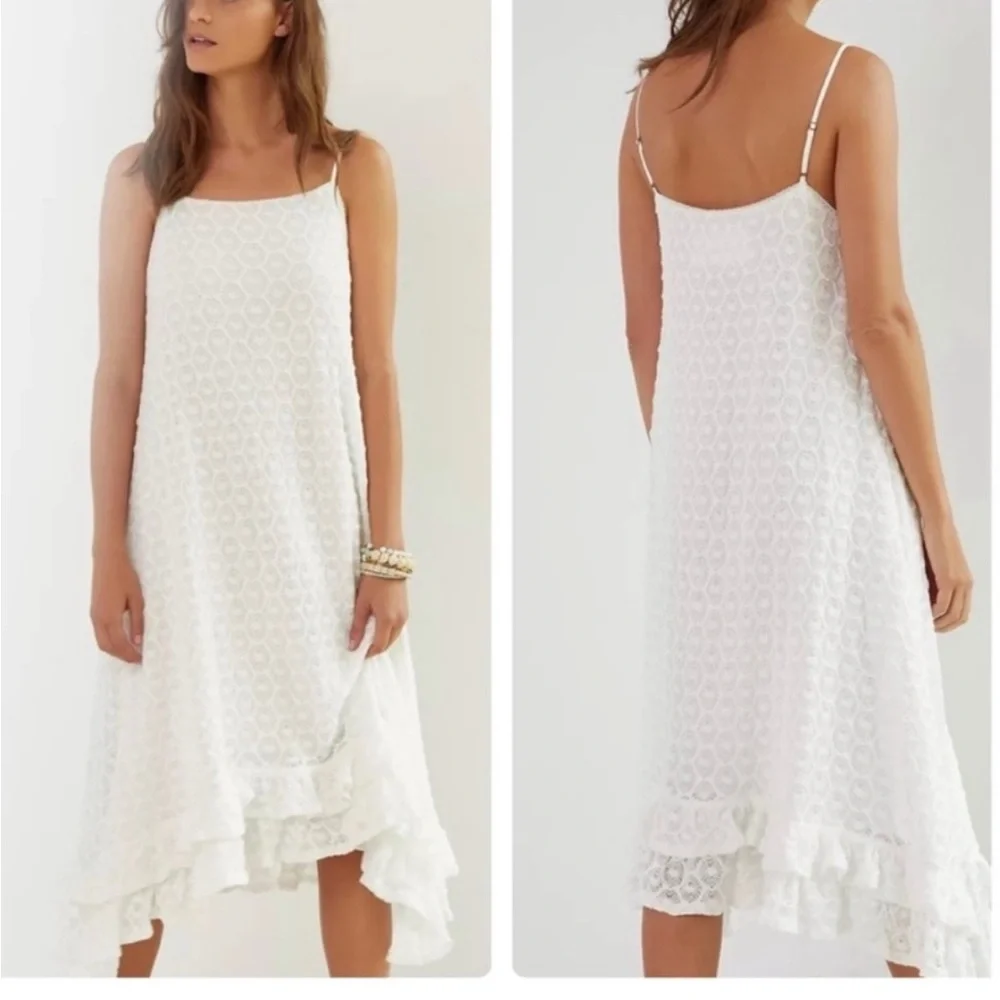 Anthropologie White Crochet Ruffled Midi Dress Women’s Large - Picture 1 of 13